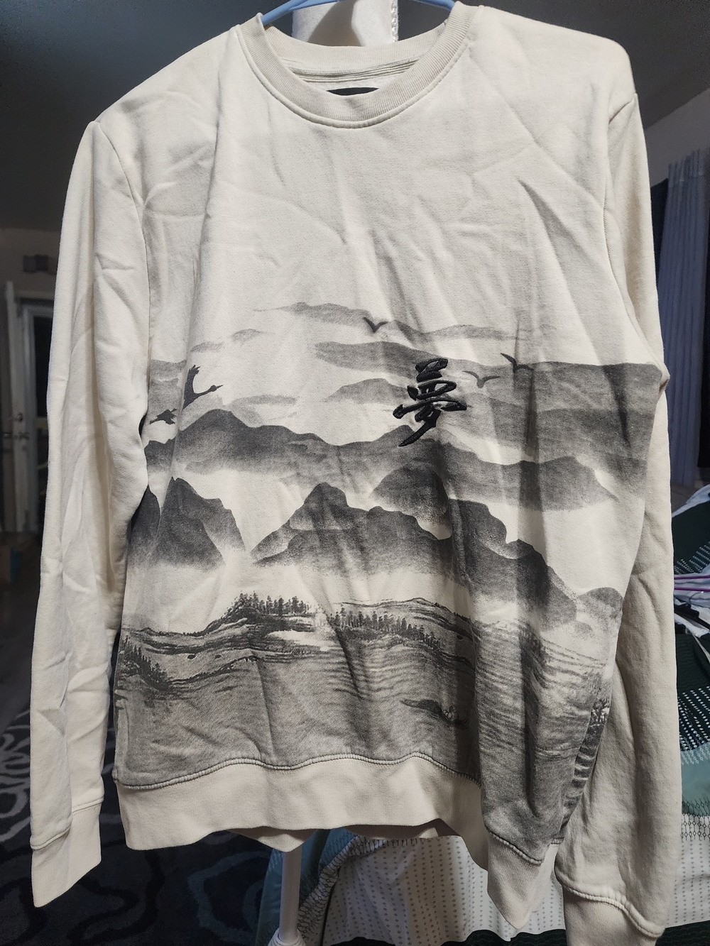 Blind Rooster Cream Crewneck Sweater with Black Landscape Print Sz Med